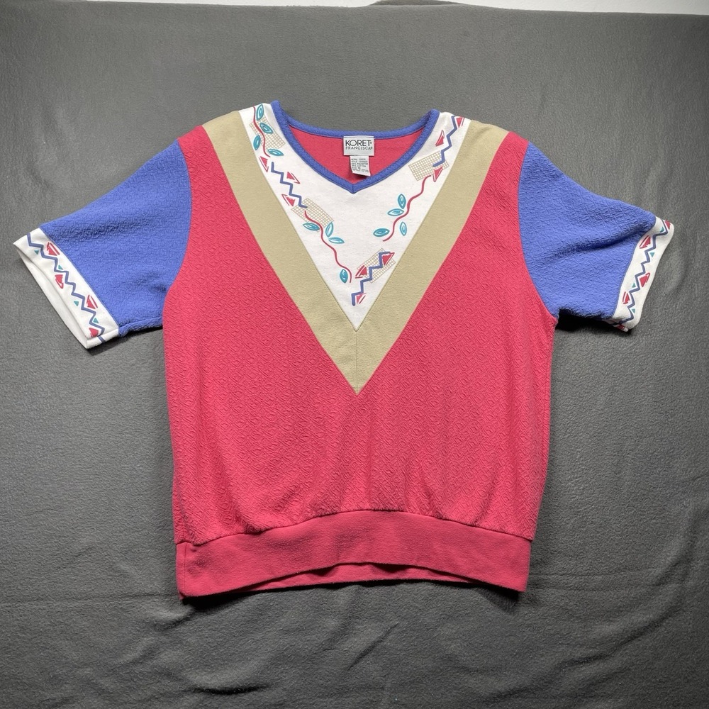 Vintage Koret Francisca Geometric Knit Shirt V-Neck Red Blue Size M 80s Style